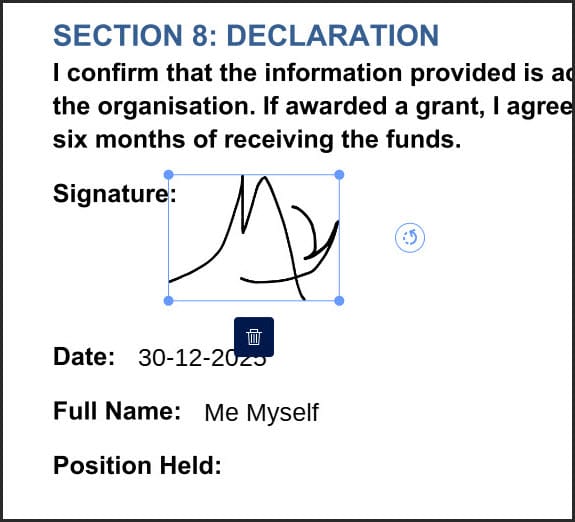 Example of signature placement